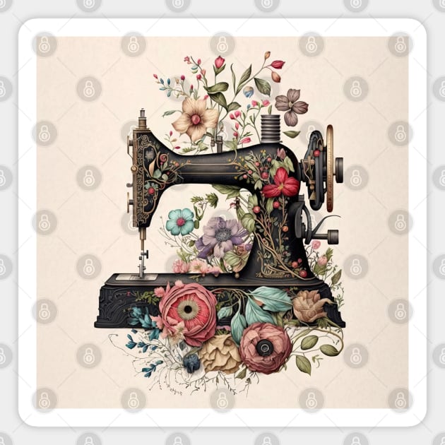 Vintage Sewing Machine with Flowers - No.2 Magnet by theprintculturecollective